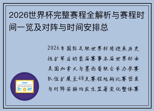 2026世界杯完整赛程全解析与赛程时间一览及对阵与时间安排总